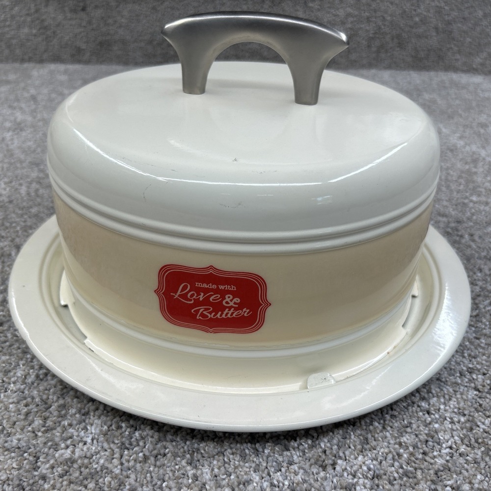 Vintage Style Enamel Metal Cake Dome Carrier Saver Cream Love & Butter